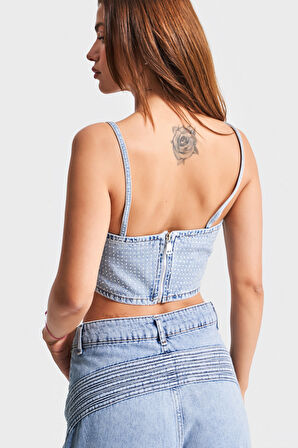 Kadın Kot Rengi Parlak Taşlı Askılı Özel Tasarım Denim Büstiyer
