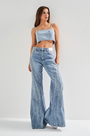 Kadın Kot Rengi Parlak Taşlı Askılı Özel Tasarım Denim Büstiyer