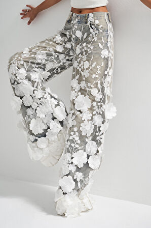 Kadın Kot Rengi Beyaz Çiçek Dantel Tül Detaylı Palazzo Fit Özel Tasarım Denim Jean