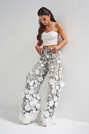 Kadın Kot Rengi Beyaz Çiçek Dantel Tül Detaylı Palazzo Fit Özel Tasarım Denim Jean