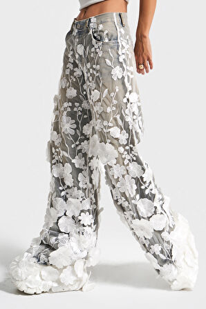 Kadın Kot Rengi Beyaz Çiçek Dantel Tül Detaylı Palazzo Fit Özel Tasarım Denim Jean