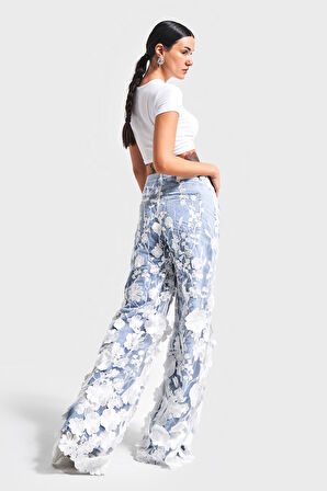 Kadın Ice Kot Rengi Çiçek Dantel Tül Detaylı Palazzo Fit Özel Tasarım Denim Jean