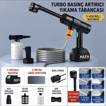 Şarjlı 18000 rpm Basınçlı araba yıkama tabancası köpük tazyikli su püskürtme makinası araç bahçe yıkama