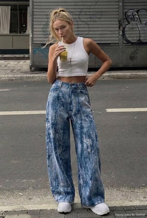 Kadın Mavi Baggy Fit Özel Kumaş Tasarım Pantolon