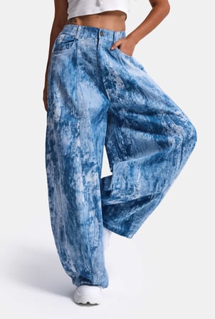 Kadın Mavi Baggy Fit Özel Kumaş Tasarım Pantolon