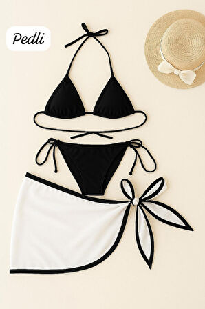 Kadın Siyah Beyaz Pareolu Yandan Ve Boyundan Bağlamalı 3'lü Bikini Takımı - Siyah - L-XL