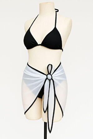 Kadın Siyah Beyaz Pareolu Yandan Ve Boyundan Bağlamalı 3'lü Bikini Takımı - Siyah - L-XL