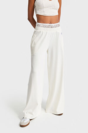 Kadın Ekru Renk Örme Kumaş Kemeri Dantelli Özel Tasarım Eşofman Pantolon