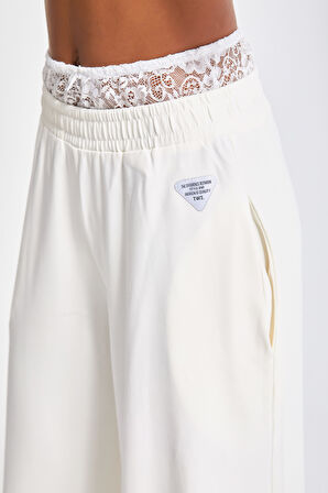 Kadın Ekru Renk Örme Kumaş Kemeri Dantelli Özel Tasarım Eşofman Pantolon