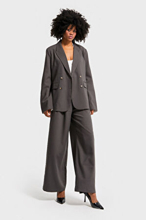 Kadın Antrasit Renk Süper Bol Kesim Kruvaze Düğmeli Tasarım Oversize Ceket