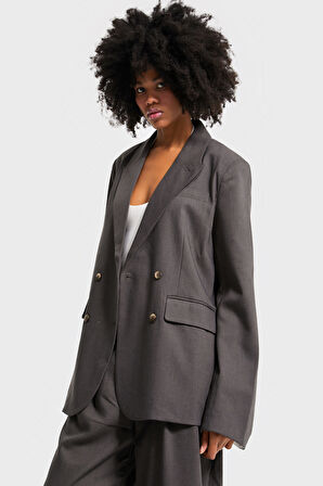 Kadın Antrasit Renk Süper Bol Kesim Kruvaze Düğmeli Tasarım Oversize Ceket