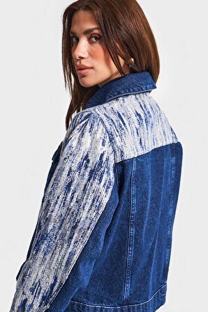 Kadın Mavi Renk 1w5-4 Oversize Pullu Özel Kumaş %100 Koton Tasarım Denim Ceket