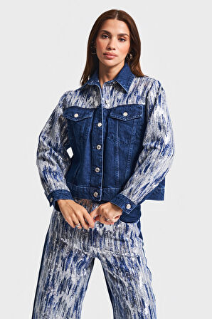 Kadın Mavi Renk 1w5-4 Oversize Pullu Özel Kumaş %100 Koton Tasarım Denim Ceket
