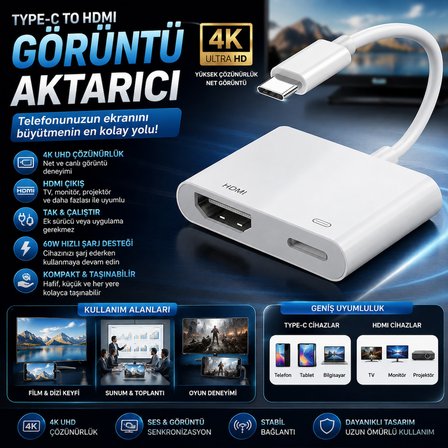 Type-c to hdmı görüntü aktarım kablosu 4k destekli iphone ipad android tüm cihazlar ile uyumlu