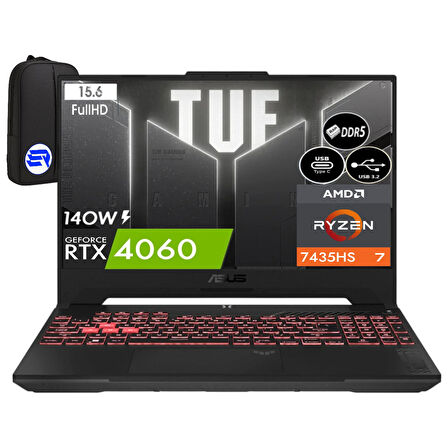 Asus Tuf Gaming A15 FA507NVR-LP099EP1 Ryzen 7-7435HS 24GB Ram 512GB SSD RTX4060 8gb 140W 15.6'' WIN11 Pro 144Hz + Elektropasaj Çanta