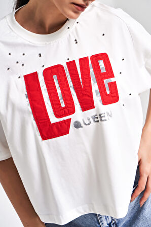 Kadın Beyaz Renk Love Baskılı Taş Detaylı Oversize Tasarım T-Shirt