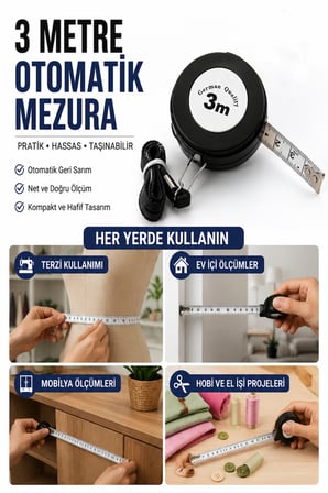Otomatik Mezura 3 Metre Terzi Mezurası Hassas Ölçüm Şeridi Taşınabilir Cep Tipi Mezura