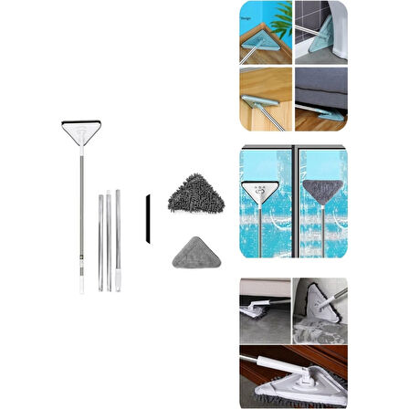 Çekçekli Üçgen Mop Cam, Parke, Fayans Temizleme , 3 Bezli  Mikrofiber Mop Teleskobik Saplı Mop