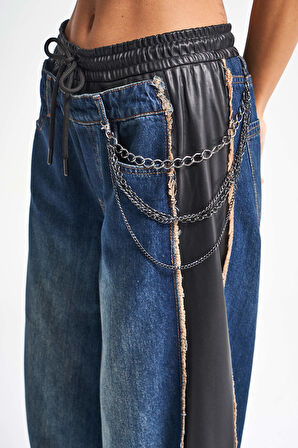 Kadın Kot Rengi Palazzo Fit Deri Denim Karışımlı Özel Tasarım Denim Jean