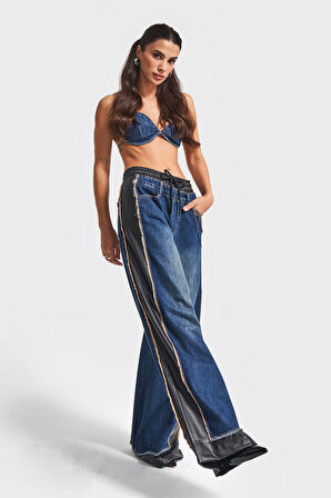 Kadın Kot Rengi Palazzo Fit Deri Denim Karışımlı Özel Tasarım Denim Jean