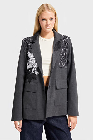 Kadın Antrasit Renk Kruvaze Fit Bol Kesim Nakışlı Özel Tasarım Ceket