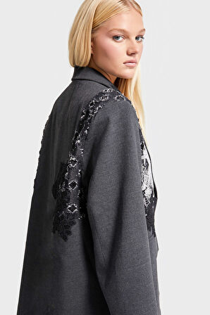 Kadın Antrasit Renk Kruvaze Fit Bol Kesim Nakışlı Özel Tasarım Ceket