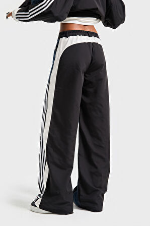 Kadın Kot Rengi Çift Parça Kumaş Şerit Detaylı Bol Kesim Özel Tasarım Denim Jean