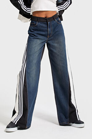 Kadın Kot Rengi Çift Parça Kumaş Şerit Detaylı Bol Kesim Özel Tasarım Denim Jean