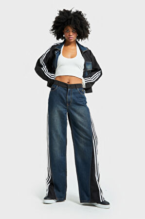 Kadın Kot Rengi Çift Parça Kumaş Şerit Detaylı Bol Kesim Özel Tasarım Denim Jean