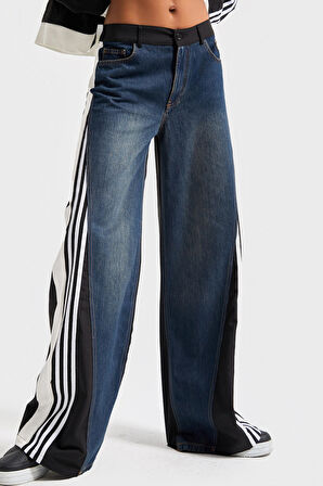 Kadın Kot Rengi Çift Parça Kumaş Şerit Detaylı Bol Kesim Özel Tasarım Denim Jean