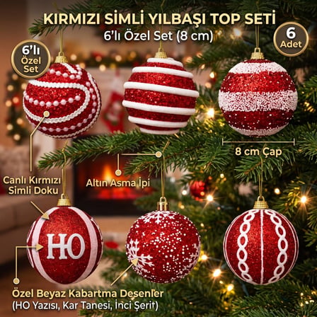 Premium 6'lı Yılbaşı Ağaç Süsleme Seti - 8 cm Yılbaşı Topu Aksesuarı 