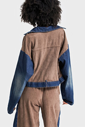 Kadın Kahve Kot Rengi Süet Denim Parçalı Özel Tasarım Denim Ceket