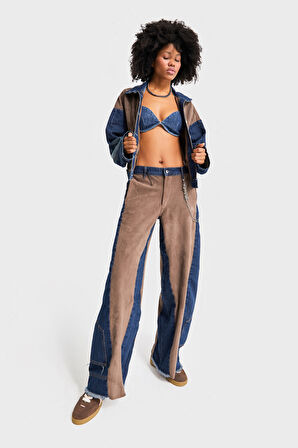 Kadın Kahve Kot Rengi Süet Denim Parçalı Bol Kesim Özel Tasarım Denim Pantolon