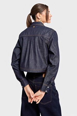 Kadın İndigo Renk cc01 7s5-50 Crop Fit Önü Düğmeli %100 Organik Denim Kumaş Gömlek
