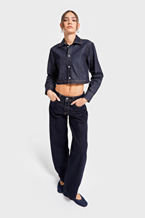 Kadın İndigo Renk cc01 7s5-50 Crop Fit Önü Düğmeli %100 Organik Denim Kumaş Gömlek