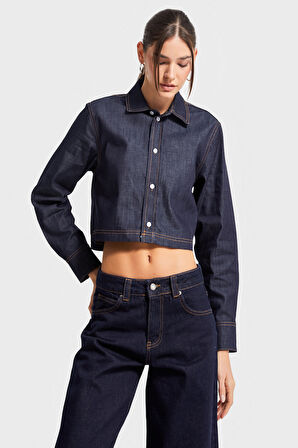 Kadın İndigo Renk cc01 7s5-50 Crop Fit Önü Düğmeli %100 Organik Denim Kumaş Gömlek