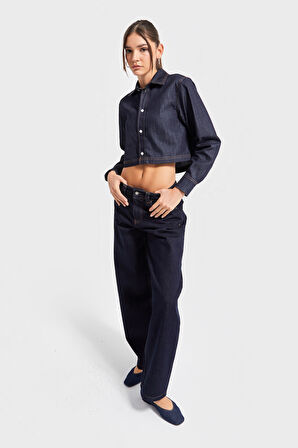 Kadın İndigo Renk cc01 7s5-50 Crop Fit Önü Düğmeli %100 Organik Denim Kumaş Gömlek