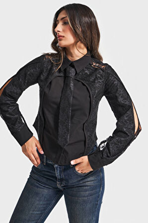 Kadın Siyah Renk Dantel ve Kravat Detaylı Özel Tasarım Gömlek