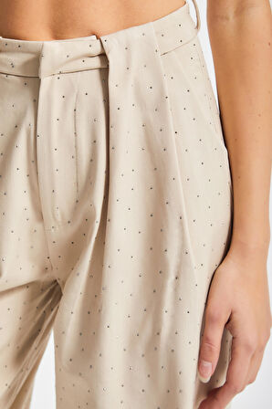 Kadın Bej Renk Bol Kesim Önü Parlak Taşlı Özel Tasarım Pantolon