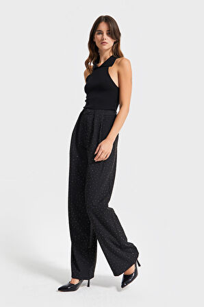 Kadın Siyah Renk Bol Kesim Önü Parlak Taşlı Özel Tasarım Pantolon