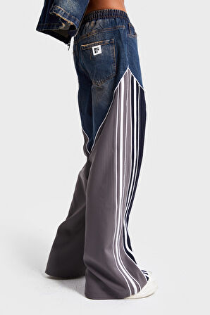 Kadın Kot Rengi Denim Kumaş Parçalı Bol Kesim Özel Tasarım Denim Jean