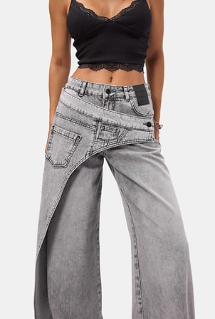 Kadın Füme Palazzo Fit Çift Kemer Detaylı Özel Tasarım Denim Jean