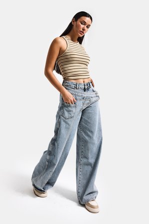 Kadın T.Kot Rengi Palazzo Fit Çift Kemer Detaylı Özel Tasarım Denim Jean