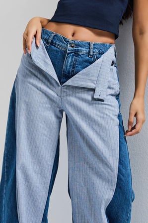 Kadın Kot Rengi Palazzo Fit Çift Kemer Detaylı Özel Tasarım Denim Jean