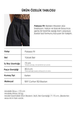 Kadın Siyah Palazzo Fit Yüksek Bel Organik Keten Pantolon