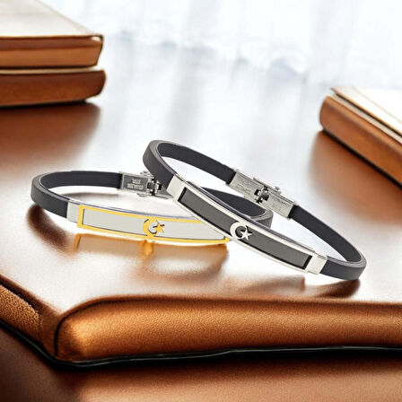  FM Ay Yıldız Türk Bayrağı Desenli Çelik Bileklik 3183SCB007  -  Siyah 