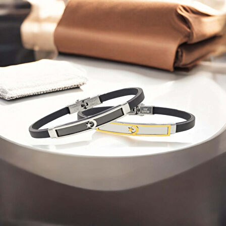  FM Ay Yıldız Türk Bayrağı Desenli Çelik Bileklik 3183SCB007  -  Siyah 