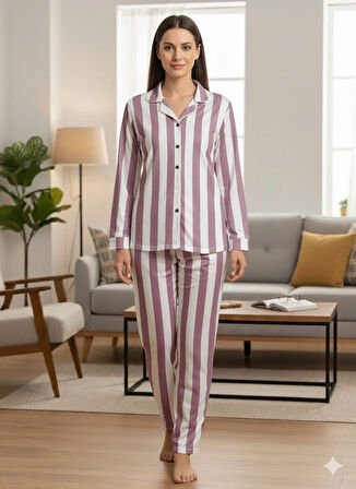 KADIN DÜĞMELİ PİJAMA TAKIMI