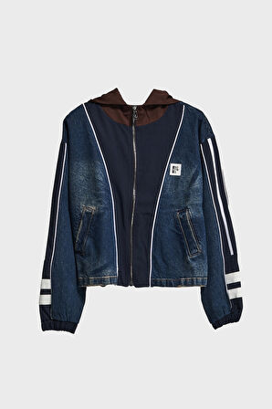 Kadın Kot Rengi Denim Dokuma Çift Parça Kumaş Oversize Kapüşonlu Tasarım Denim Ceket