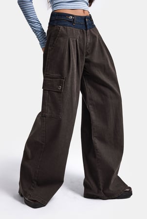 Kadın Acı Kahve Süper Palazzo Kot Kemer Detaylı Kargo Cep Özel Tasarım Denim Jean